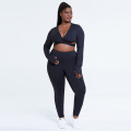 Women plus size athletic wear criss cross top and leggings set fitness clothing long sleeve heavyset black yoga set